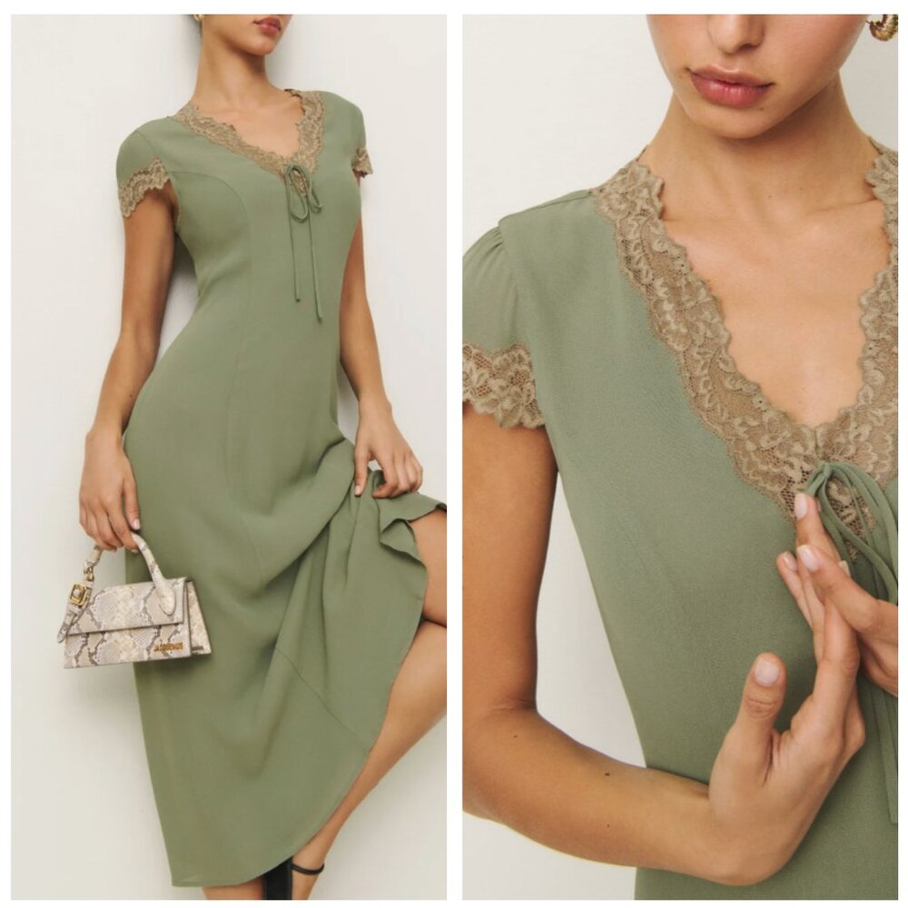 NWT Reformation Tiffie Midi Dress Sz2 Artichoke Green Gold Lace